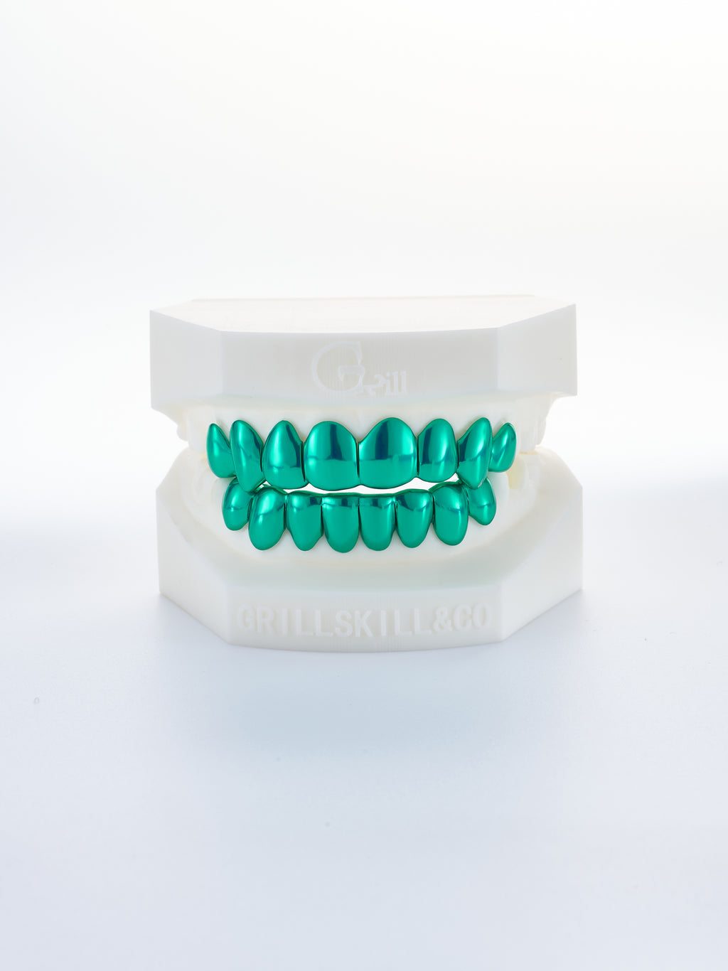 8 on 8 silver dark green polished grillz (custom-fit)